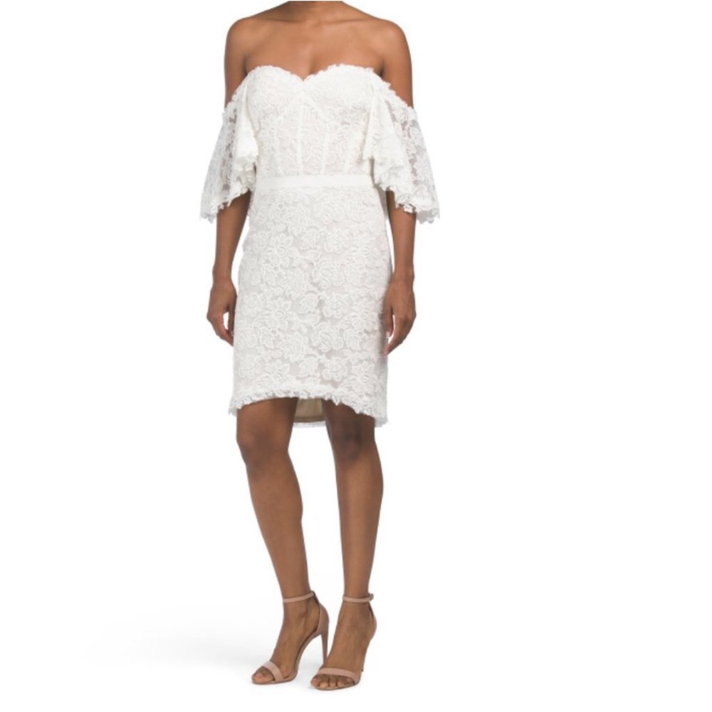 Tadashi Shoji Bridal Off The Shoulder Ivory/Natural Lace Short Dress 0 NWT